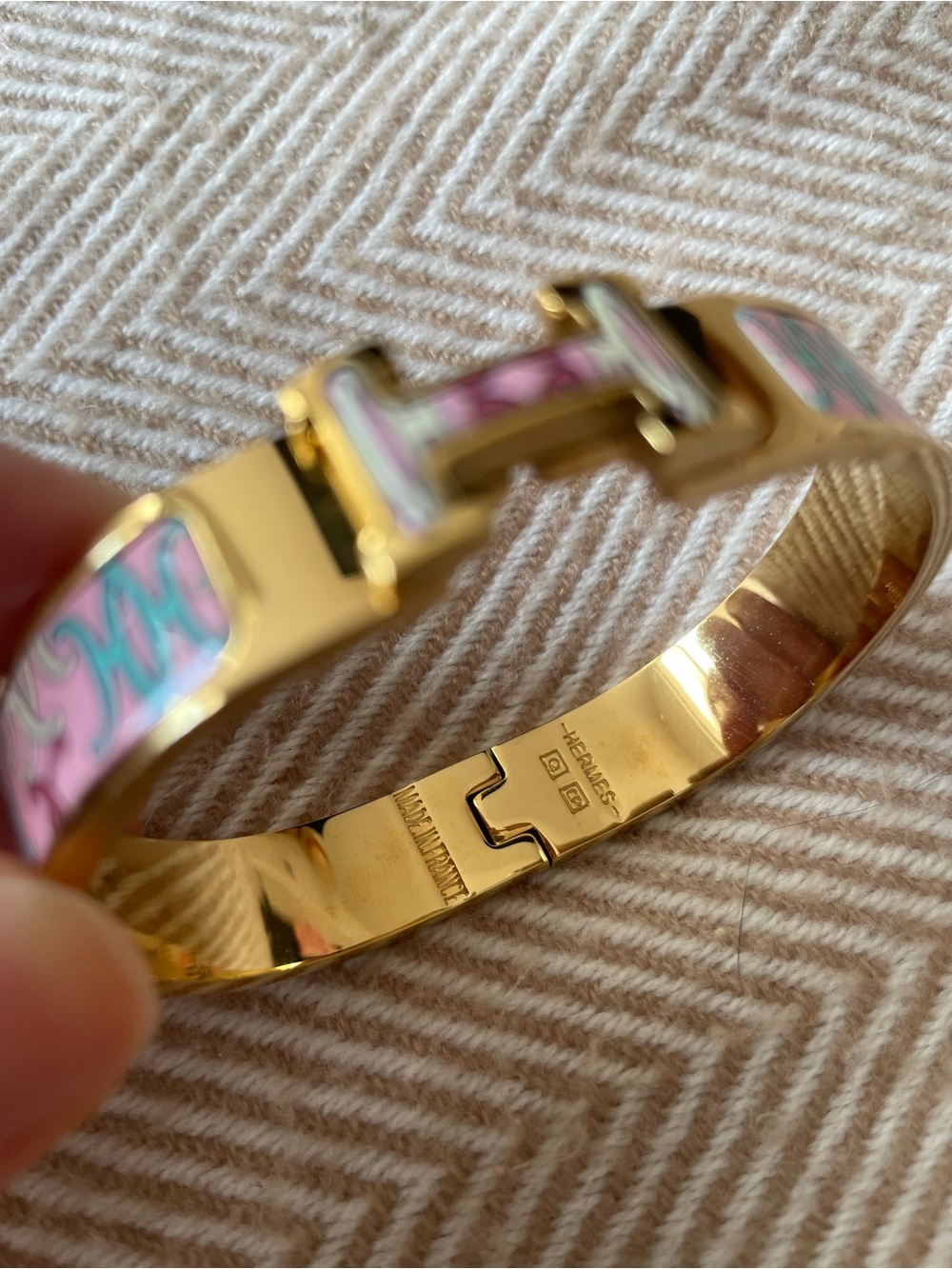 H inspired Gold & Pink Enamel H H Cuff Bracelet - Picture 2 of 7